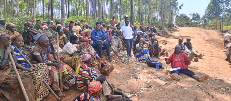 Une centaine d'habitants assis en bord de piste forestière écoutent un animateur de l'association